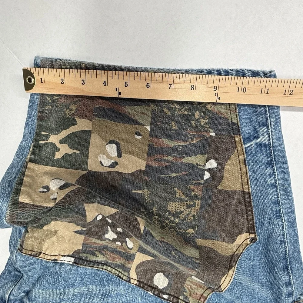 Akoo 99th Bombardier Blue Denim Mens Jean Shorts 42X11 Camo Patchwork Street EUC
